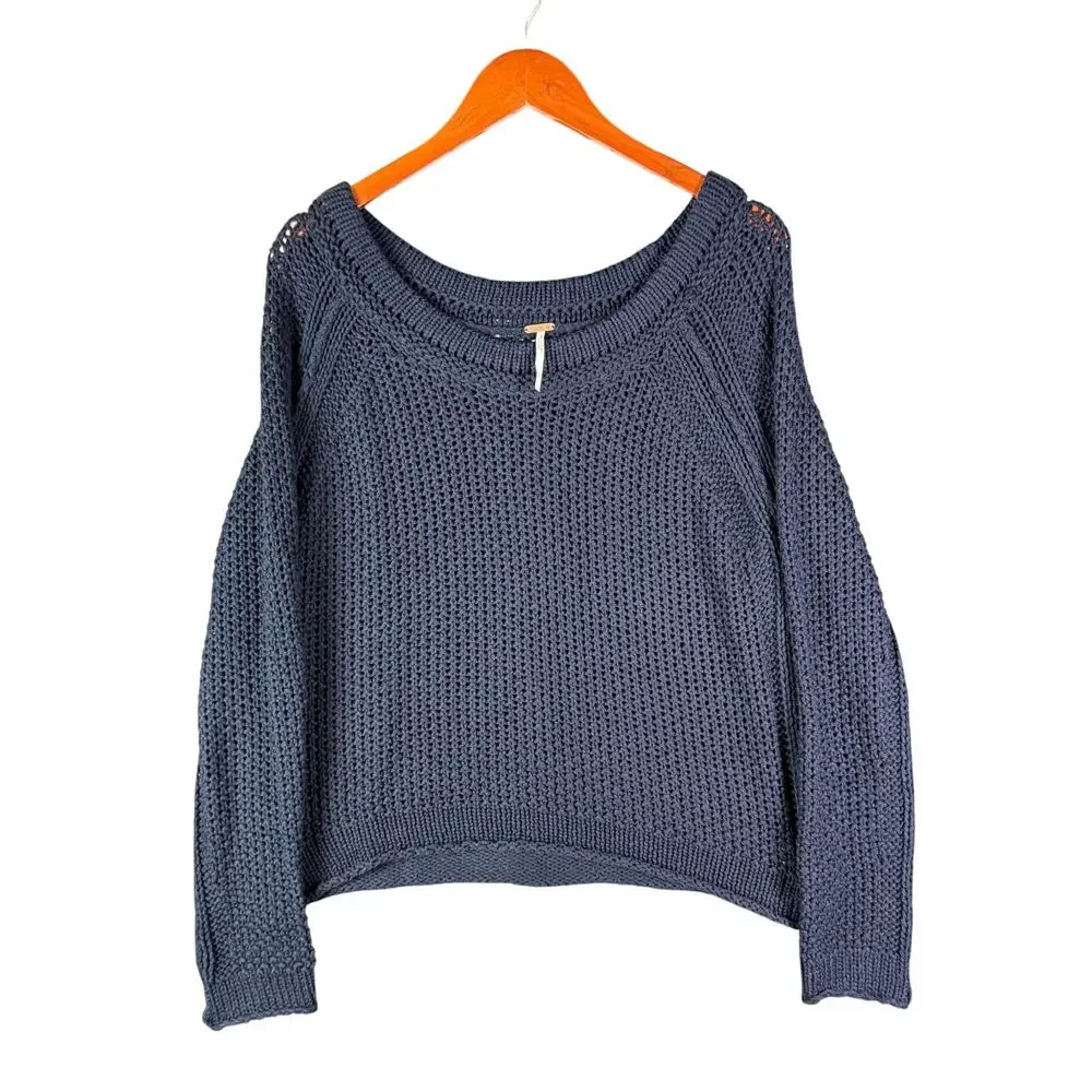 Free People Scoop Neck Pullover Open Knit Light Navy Blue Sweater‎ Womens Small